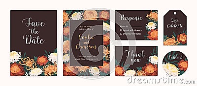 Set of wedding invitation cards with autumn flowers. Horizontal, vertical floral labels and backgrounds. Save the date Vector Illustration