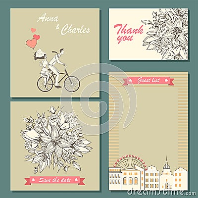 Set of wedding invitation cards and labels with a hand-drawn floral pattern and illustration of a couple on a bicycle. Vector Illustration