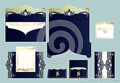 Set of wedding invitation or greeting card with gold ornament. Cartoon Illustration