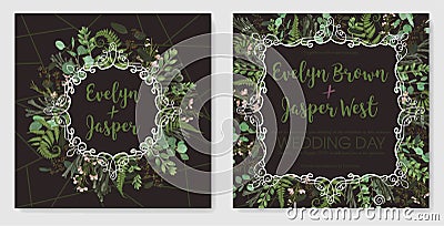 Set for wedding invitation, greeting card, save date, banner. Vintage frame with green fern leaf, boxwood, brunia and eucalyptus. Vector Illustration