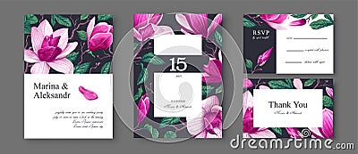 Spring, trendy, greeting or invitation card, template design with pink magnolia. Vector Illustration