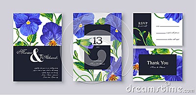 Holiday greeting card floral vector illustration. Greeting template with realistic blue Pansy flowers Vector Illustration