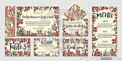 Set of wedding invitation templates with leaves and wax flowers Vector Illustration