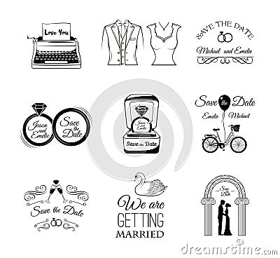 Set of wedding invitation vintage design elements, badges and labels. Vector Illustration