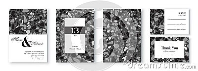 Abstract wedding invitation template design with terrazzo pattern in black and white colors. Vector Illustration