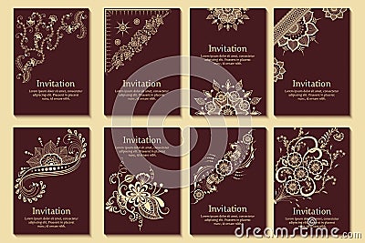 Set of wedding invitations and announcement cards with ornament in Arabian style. Arabesque pattern. Vector Illustration