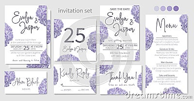 Set of wedding invitations, floral invitations, table, menu, thank you, rsvp card design. Blue, purple, sapphirine flower of Vector Illustration
