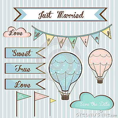 Set of wedding invitations for members with air balloons Vector Illustration