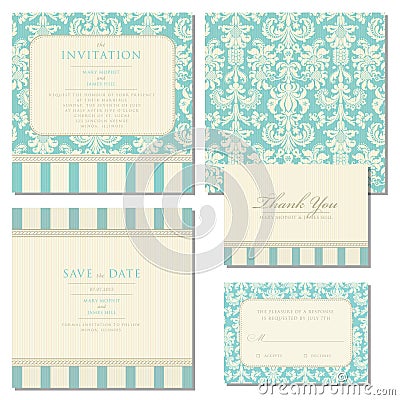 Set of wedding invitations with vintage background Vector Illustration