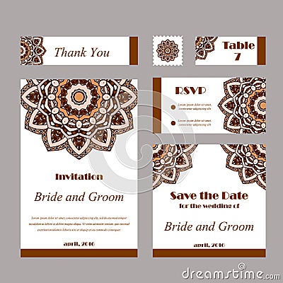 Set of wedding invitations. Wedding cards template with individual concept. Design for invitation, thank you card, save the date Vector Illustration