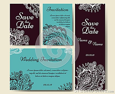 Set of wedding invitations. Wedding cards template with individual concept. Design for invitation, thank you card, save the date Vector Illustration