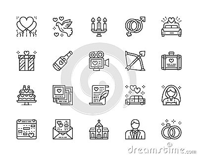 Set of Wedding Line Icons. Bridal Bed, Limousine, Bride, Bridegroom and more. Vector Illustration