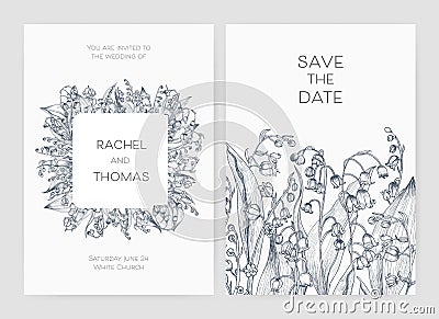Set of wedding party invitation and Save The Date card templates with Lily of the valley flowers hand drawn with black Vector Illustration