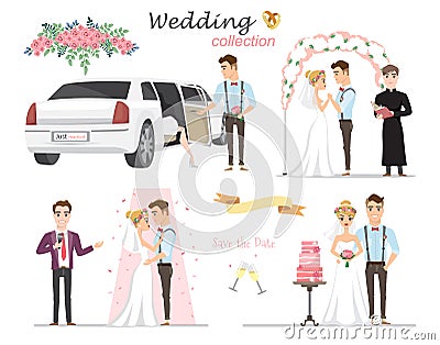 Set of wedding pictures, bride and groom in love Vector Illustration