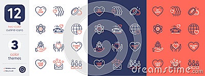 Set of Wedding rings, Atom and Love mail line icons. For design. Vector Stock Photo