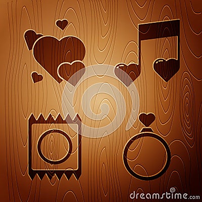 Set Wedding rings, Heart, Condom in package and Music note, tone with hearts on wooden background. Vector Vector Illustration