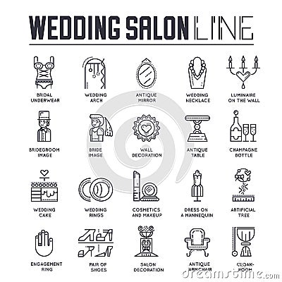 Set of wedding salon, preparation of marriage icons. Vector Illustration