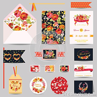 Set of Wedding Stationary Vector Illustration