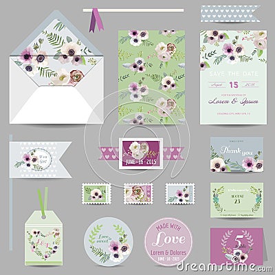 Set of Wedding Stationary - Invitation Cards Vector Illustration