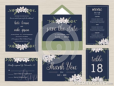 Set of wedding suite template decorate with flower in navy blue color. Vector Illustration