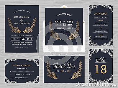 Set of wedding suite template decorate with flowers in navy blue color. Vector Illustration