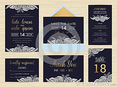 Set of wedding suite template decorate with white rose. Vector Illustration