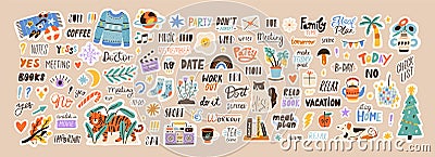 Set of weekly or daily planner and diaries vector flat illustration. Cute sticker template decorated with cartoon image Vector Illustration