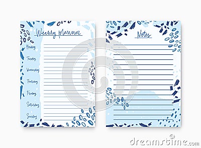 Set of weekly planner and list for notes templates decorated by abstract paint traces and scribble. Printable pages for Vector Illustration