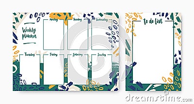 Set of weekly planner with weekdays and to-do-list templates with frame decorated by brush strokes, paint marks and Vector Illustration