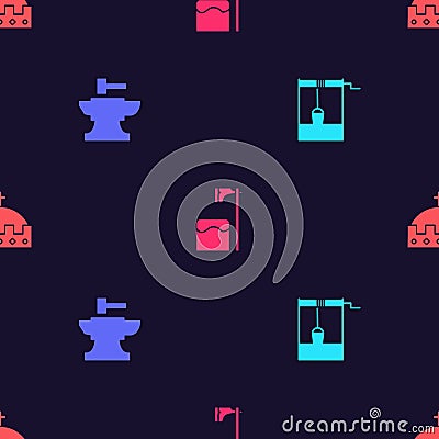 Set Well with bucket, Anvil for blacksmithing hammer, Executioner axe tree block and King crown on seamless pattern Vector Illustration