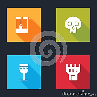 Set Well with bucket, Skull, Medieval goblet and Castle tower icon. Vector Vector Illustration