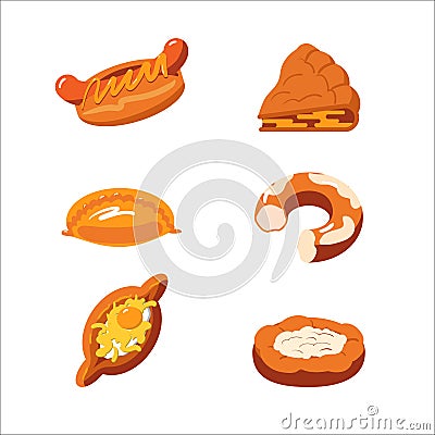 The set of well-done pastries. Elements for design of a bakery. Free hand drawing objects isolated on white. Vector illustration. Vector Illustration