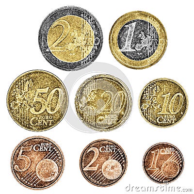 A set of well worn Euro coins Stock Photo