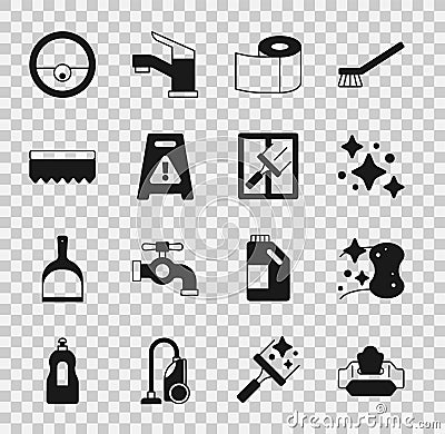 Set Wet wipe pack, Sponge, Home cleaning service, Toilet paper roll, floor, Robot vacuum cleaner and Rubber for windows Vector Illustration