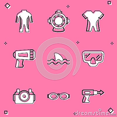 Set Wetsuit for scuba diving, Aqualung, Flashlight diver, Shark, Diving mask, Photo camera and Glasses swimming icon Vector Illustration
