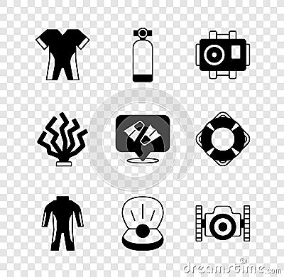 Set Wetsuit for scuba diving, Aqualung, Photo camera diver, Pearl, Coral and Flippers swimming icon. Vector Stock Photo