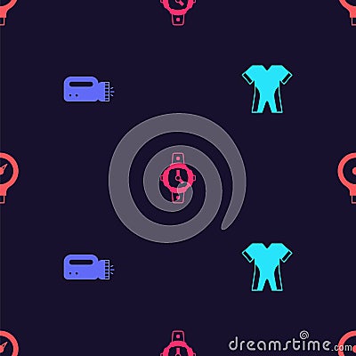 Set Wetsuit for scuba diving, Flashlight diver, Diving watch and Gauge scale on seamless pattern. Vector Vector Illustration