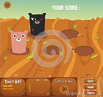 set of whack a bear gui interface theme game's design. Vector Illustration