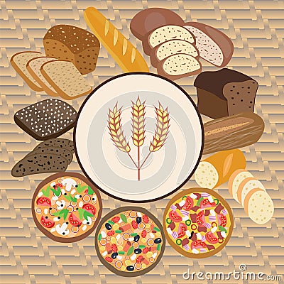 set of wheat cartoon food bread, rye bread, ciabatta, wheat bread, pizza Vector Illustration