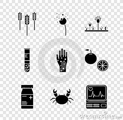 Set Wheat, Flower producing pollen, Mold, Medicine bottle and pills, Crab, Monitor with cardiogram, Test tube flask and Vector Illustration