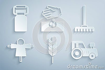 Set Wheat, Garden rake, Scarecrow, Tractor, Seeds and Can container for milk icon. Vector Vector Illustration