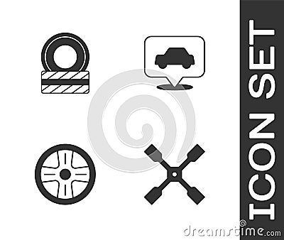 Set Wheel wrench, Car tire wheel, Alloy and service icon. Vector Vector Illustration