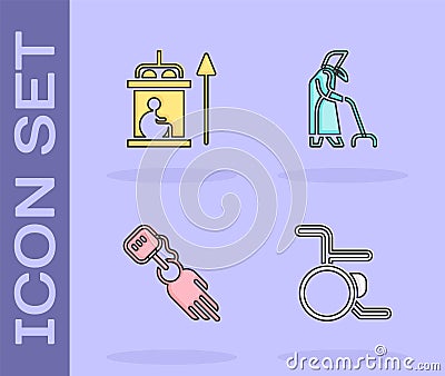 Set Wheelchair, Elevator for disabled, Prosthesis hand and Grandmother icon. Vector Vector Illustration