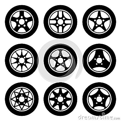 A set of wheels for cars. Wheel silhouettes Vector Illustration