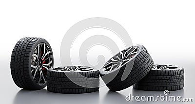 Set of wheels with modern alu rims on white background Cartoon Illustration
