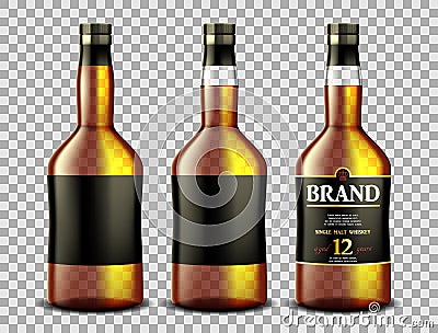 Set of whiskey, rum, bourbon or cognac glass bottle with Alcohol and without. Transparent bottles Drink in a realistic Vector Illustration