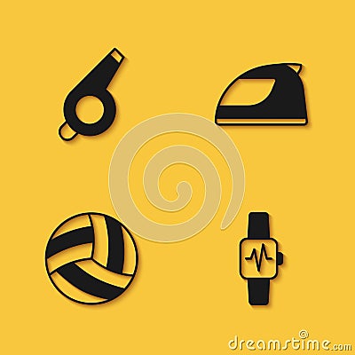 Set Whistle, Smart watch with heart, Volleyball ball and Racing helmet icon with long shadow. Vector Vector Illustration