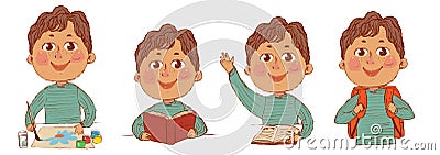 Set on a white background. a drawn boy who is engaged in various activities in the lesson. education drawing and reading, with a Stock Photo