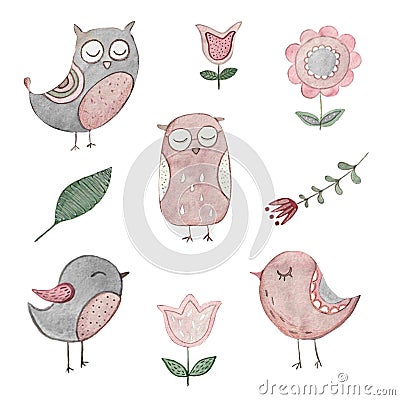 Set on a white background of owls and birds in Scandinavian style Stock Photo