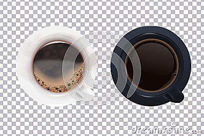 A set of white and black cups with saucer and coffee on a transparent background. Vector Illustration